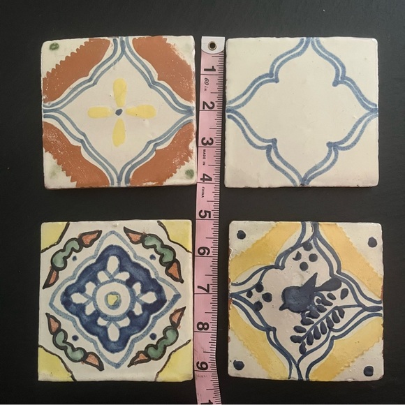 Mexican Hand Painted Terra-Cotta Talavera Vintage Tiles Set of 4 - Picture 6 of 10